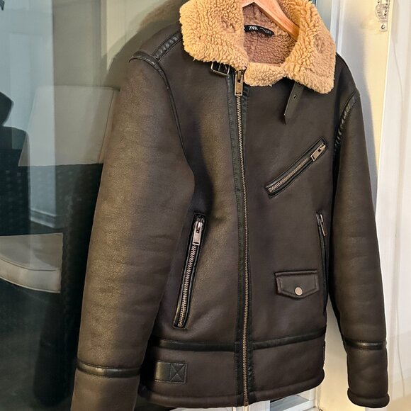 ZARA MAN Faux Leather Faux Fur Winter Lapel Jacket - Small, Brown - Picture 2 of 5
